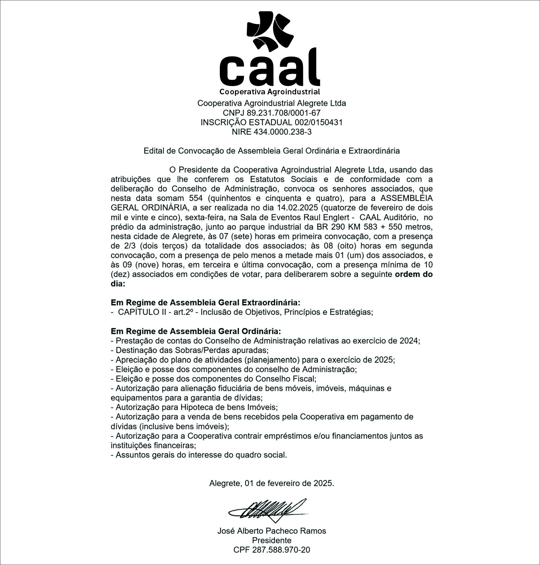 Convocação para Assembleia Ordinária e Extraordinária.